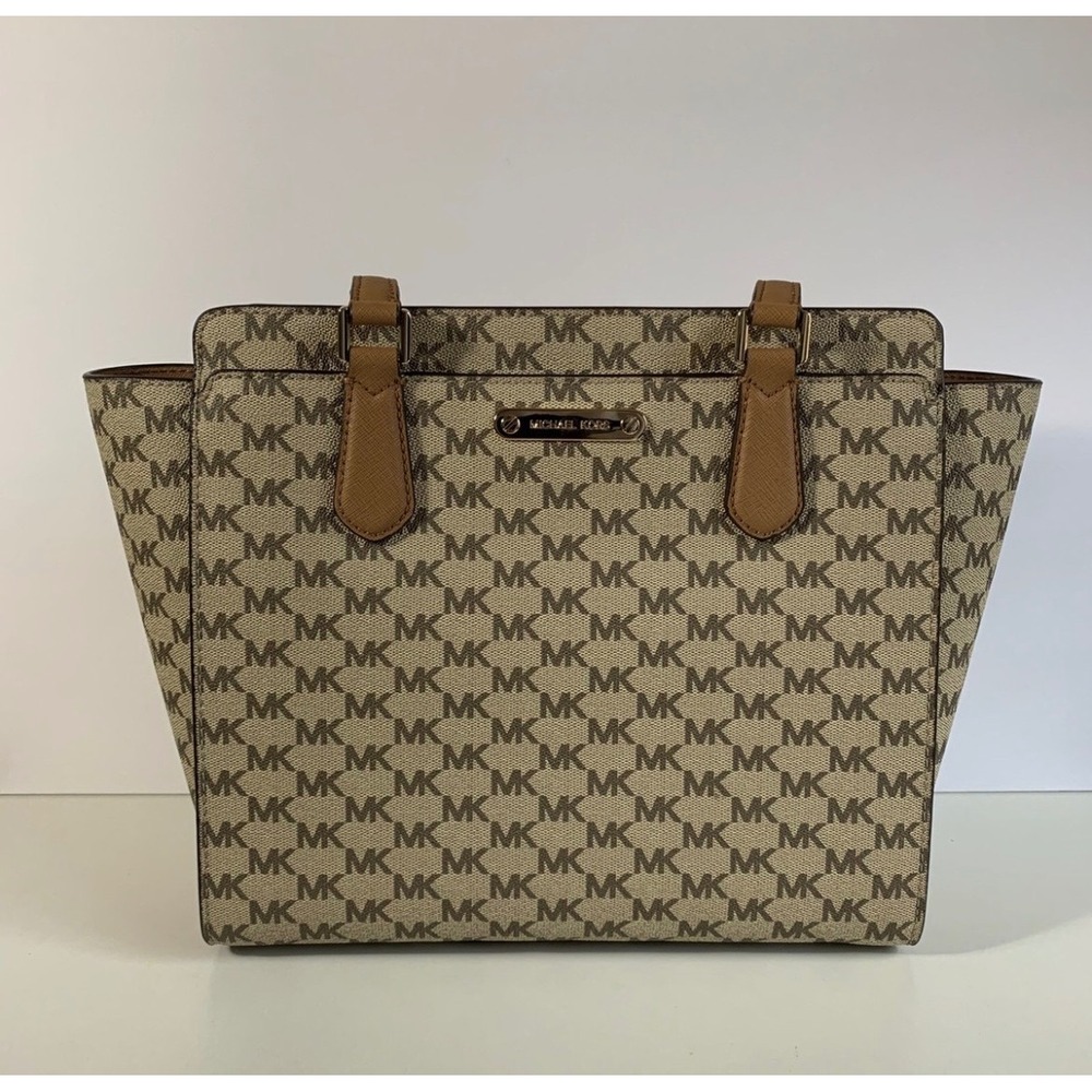 Michael Kors Kimberly Large Bonded Tote MK Logo Signature Tan Brown Handbag